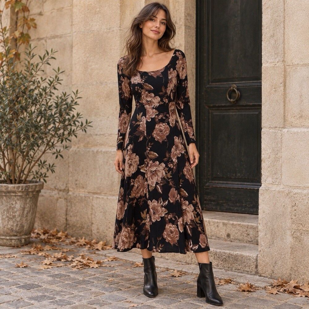 Women’s Black Brown Floral Midi Dress Long Sleeve Romantic Cottagecore S/M